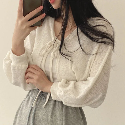 White Knitted Cardigan Women Top