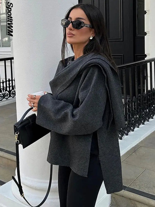 Autumn Gray Knitted Cape Coat